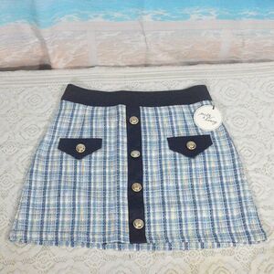 Tweed Mini Skirt with Faux Leather Detail and Silver Tone Buttons Milk & Honey